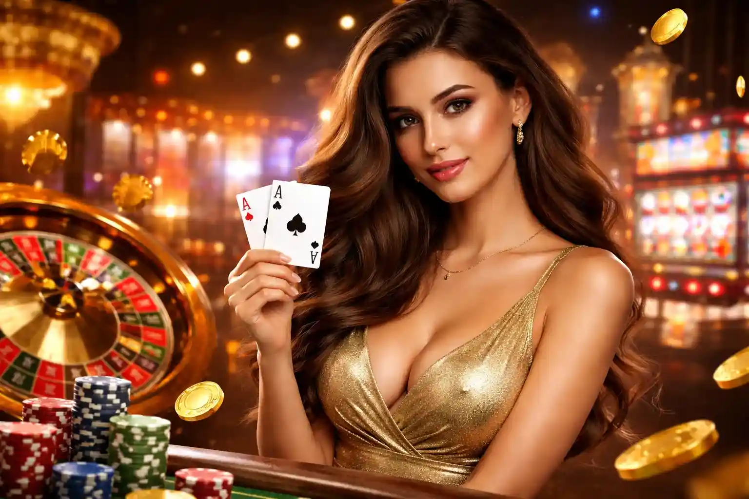 Mulher elegante segurando cartas em ambiente luxuoso de cassino